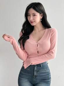 DAZY Solid Thin V-Neck Long Sleeve Cardigan,Fall Clothes