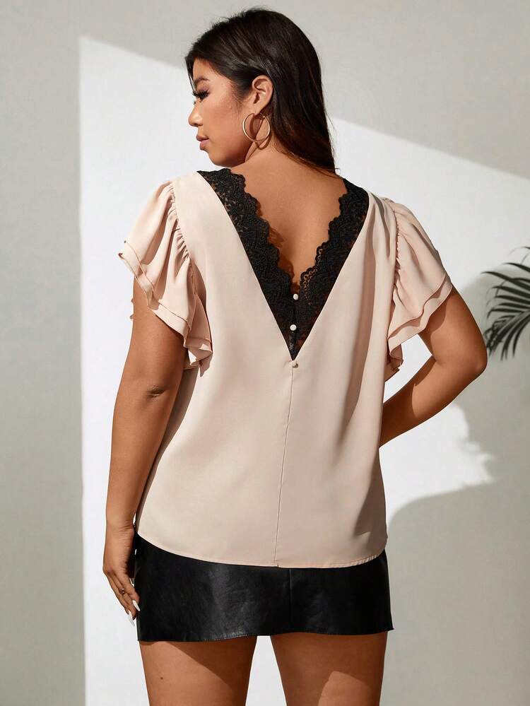 Plus Size Women's Round Neck Ruffle Sleeve Shirt
