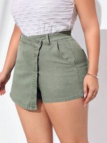 SHEIN Essnce Kích thước lớn Đúng mốt Màu xanh lá Váy Denim Quần short - xanh quân đội - Xem 5