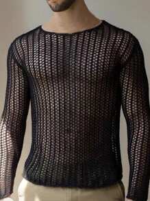 Manfinity RSRT 男士純色短袖空心針織衫 - 黑色 - 查看 2