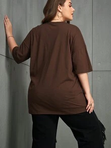 SHEIN LUNE Plus Size Women'S Coffee Printed Round Neck T-Shirt With Slogan - Chocolate Brown - View 2