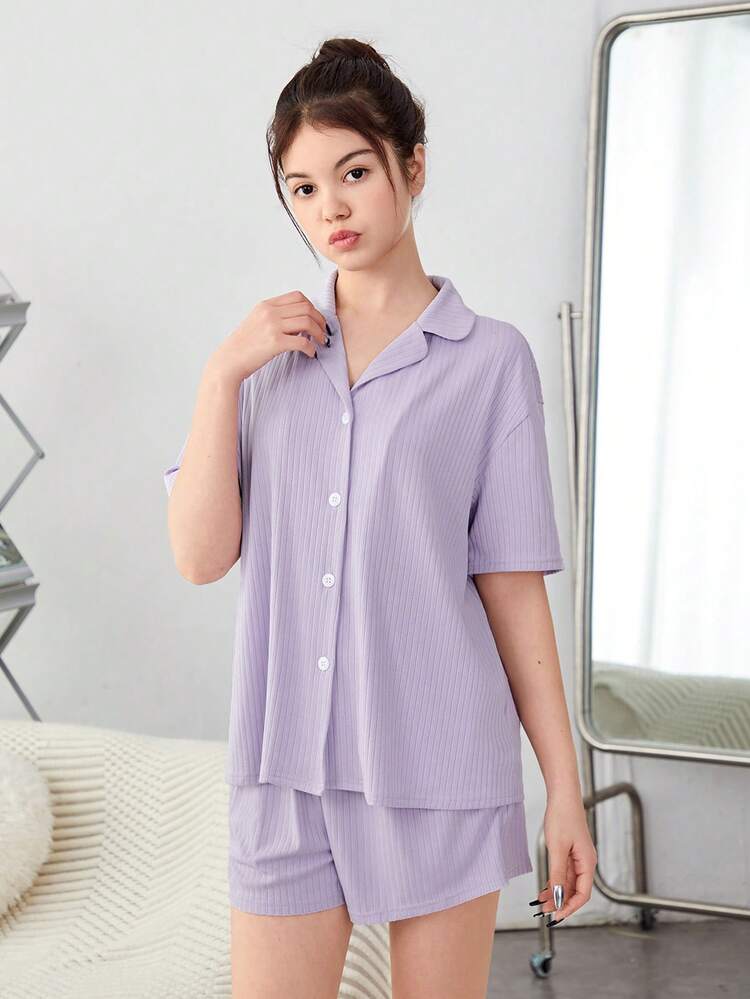 Solid Color Rib Knit Teen Girl Homewear Set