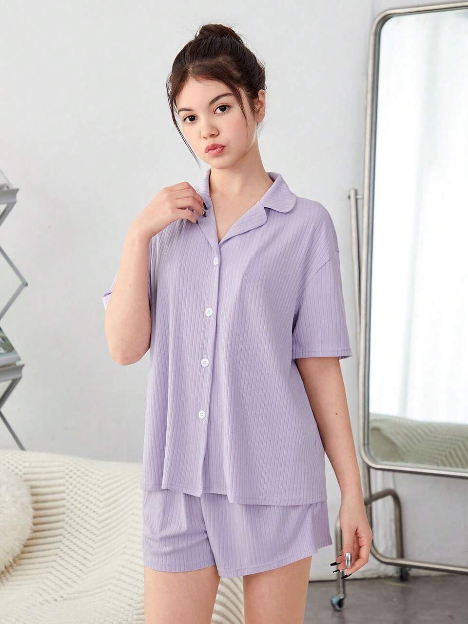 Solid Color Rib Knit Teen Girl Homewear Set