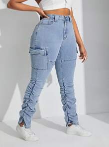SHEIN SXY Plus Size Fold-Over Skinny Cargo Denim Pants - Light Wash - View 3