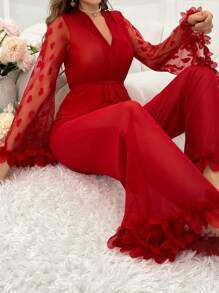 SHEIN 心形网眼拼接喇叭袖上衣搭配3D蕾丝细节裤睡衣套装 - 紅色 - 查看 5