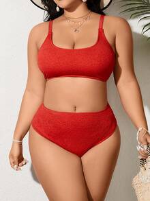SHEIN Swim Curve Plus Size Women's Solid Color Bikini Set Summer Beach - Red - View 3