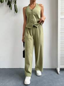 SHEIN Essnce 女性純色露背背心上衣和寬腳褲休閒兩件套裝 - 綠色 - 查看 7