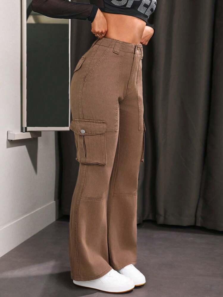 Ladies' Solid Color Flared Cargo Jeans