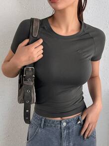 DAZY Women's Round Neck Raglan Short Sleeve T-Shirt - Dark Grey - View 7