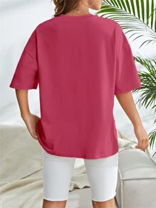 INAWLY 女式字母印花T恤 图案T恤 女式上衣 - 玫紅色 - 查看 2