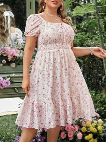 SHEIN Franclia Kích thước lớn Của phụ nữ In hoa Cổ chữ V Váy quấn Với Eo Nếp uốn - Màu Hồng baby - Xem 1