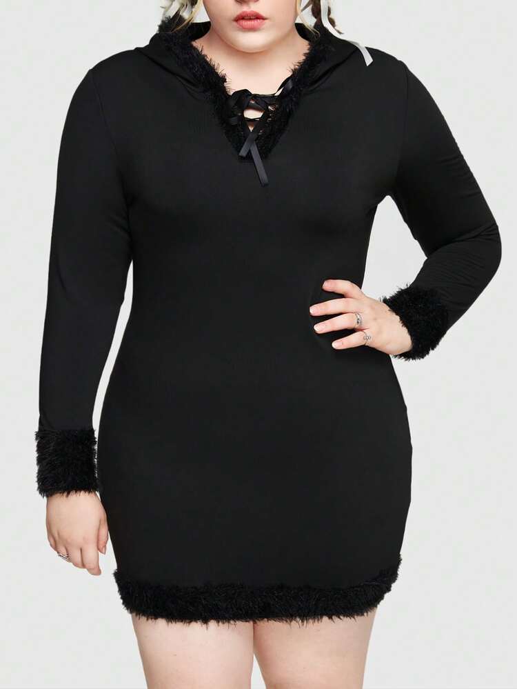 Plus Size Women's Hooded Patchwork Frayed Hem Dress