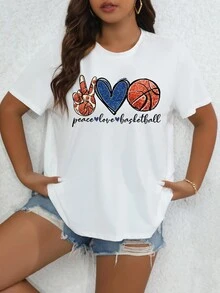 SHEIN EZwear Kích thước lớn Động tác Tim Bóng rổ Lá thư In Áo thun - trắng - Xem 6