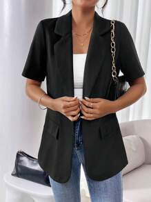 EMERY ROSE Blazer De Manga Corta Color Sólido - Negro - Ver 4