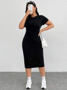 SHEIN EZwear Grote maten Vrouwen Zwart Gebreid Fitting Korte mouwen Jurken