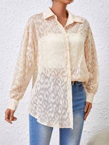 SHEIN Essnce Ladies' Leopard Pattern Jacquard Long Sleeve Shirt - Apricot - View 5