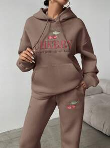 SHEIN Cottnline Women'S Cherry Printed Hoodie And Sweatpants Set With Slogan Print