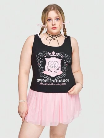 Kawaii Camiseta de tanque de dama dulce y ajustada con impresión de corona para el verano en tallas grandes, linda y ceñida al Body