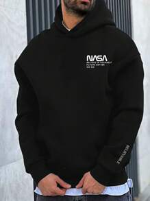 Manfinity Homme 男士寬鬆連帽衛衣,印有口號設計 - 黑色 - 查看 1