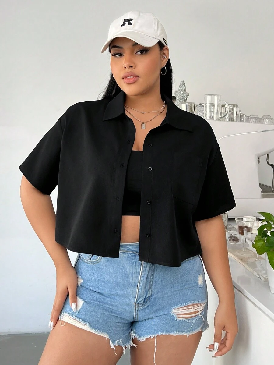SHEIN EZwear Plus Size Solid Color Weave Loose Casual Shirt - Black - View 1