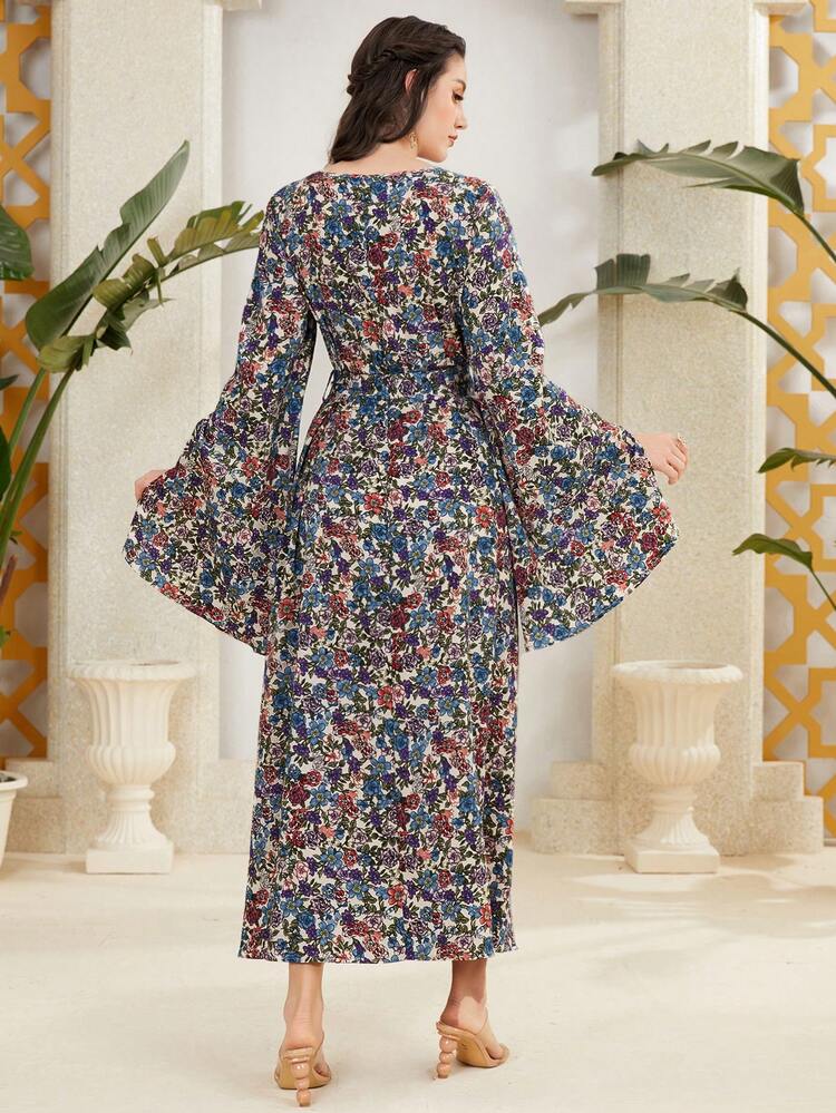 Women's Floral Print Bell Sleeve Arabic Style Dress