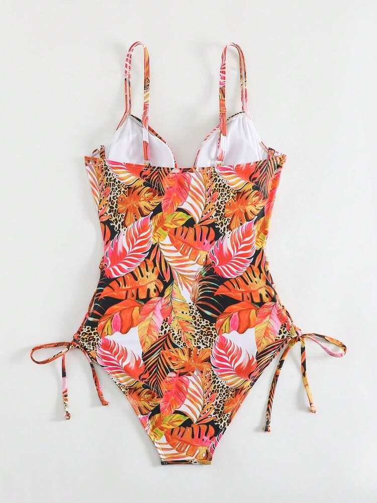 Summer One-Piece Swimsuit With Leopard & Plant Print Splicing Carnival