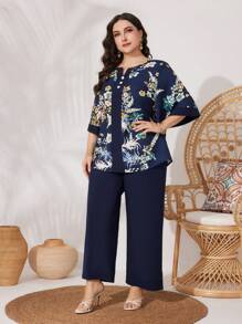 Mulvari Plus Size Women'S Botanical Print Top And Pants Set 2 Pieces Set - Multicolor - View 5