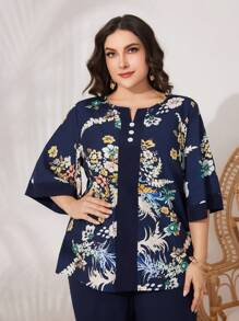 Mulvari Plus Size Women'S Botanical Print Top And Pants Set 2 Pieces Set - Multicolor - View 8