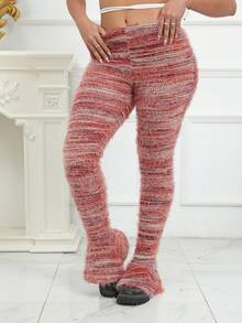 Women's Striped Fuzzy Flare Pants - Red - View 3