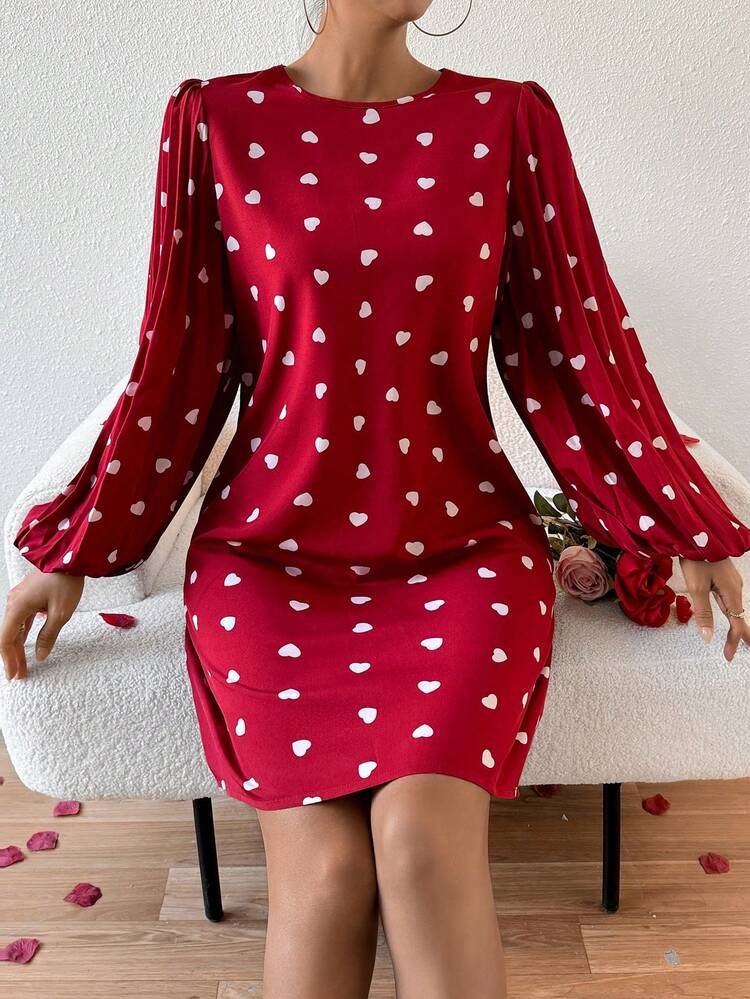 Heart Print Pleated Lantern Sleeve Dress