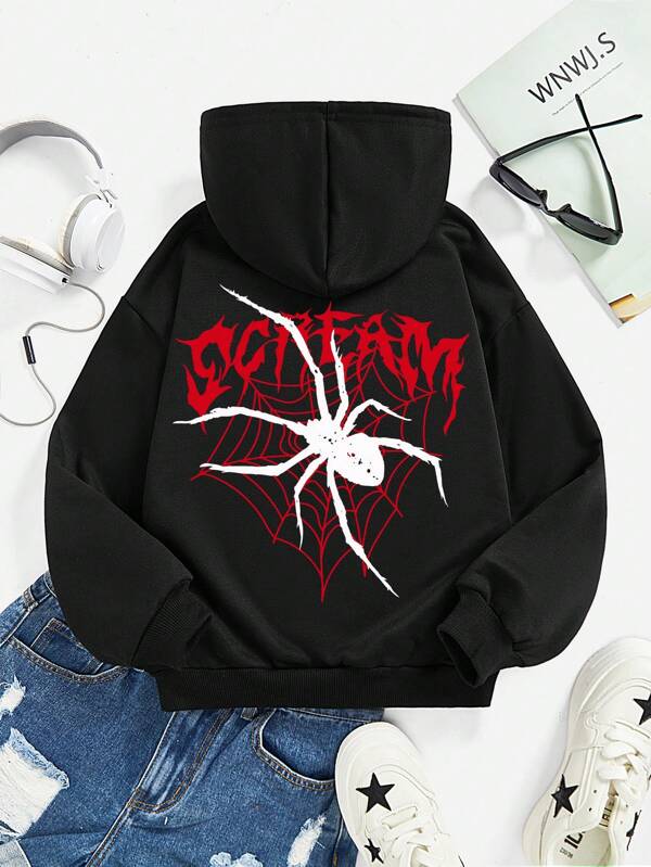 SHEIN Tween Girls' Casual Simple Spider Pattern Long Sleeve Hoodie, Suitable For Autumn And Winter