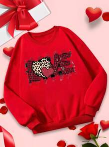 Calvaya Ngày lễ tình nhân Tim & Mẫu chữ Kích thước lớn Của phụ nữ Vòng cổ Tay áo dài Áo nỉ - Đỏ - Xem 3