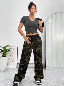 SHEIN Unity Striped Cropped Short Sleeve T-Shirt - Dark Grey - View 3