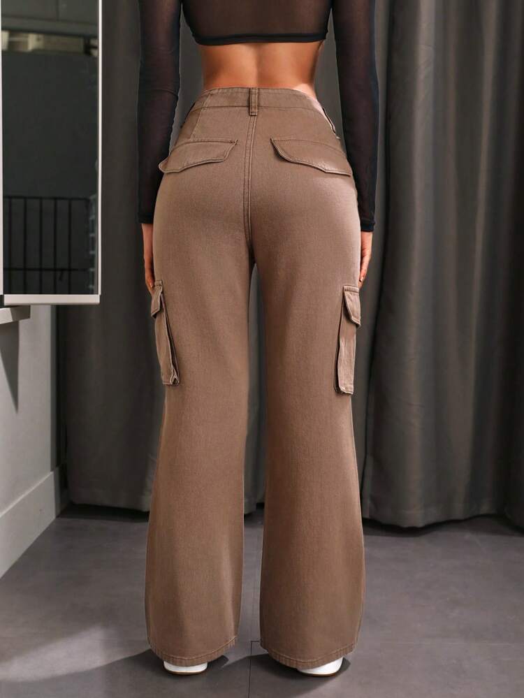 Ladies' Solid Color Flared Cargo Jeans