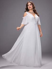 Vestido de novia de talla grande con hombros abiertos, bordado y patchwork - Blanco - Ver 5