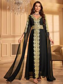 Áo Kaftan thanh lịch dự tiệc, tay áo đính sequin, cổ chữ V, thêu họa tiết. - màu đen - Xem 6