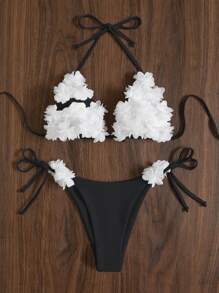 3d花卉裝飾和側邊打結設計的比基尼套裝 - 黑與白 - 查看 1