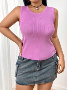 SHEIN Unity Plus Size Women's Solid Color Round Neck Sweater Vest - Baby Pink - View 4