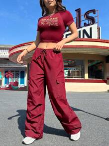 SHEIN EZwear Của phụ nữ In Khẩu hiệu Áo Và Quần Cargo Bộ - Đỏ - Xem 9