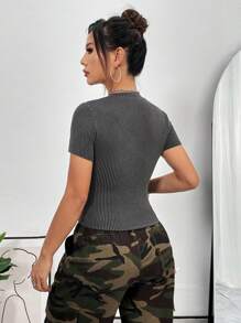 SHEIN Unity Striped Cropped Short Sleeve T-Shirt - Dark Grey - View 2