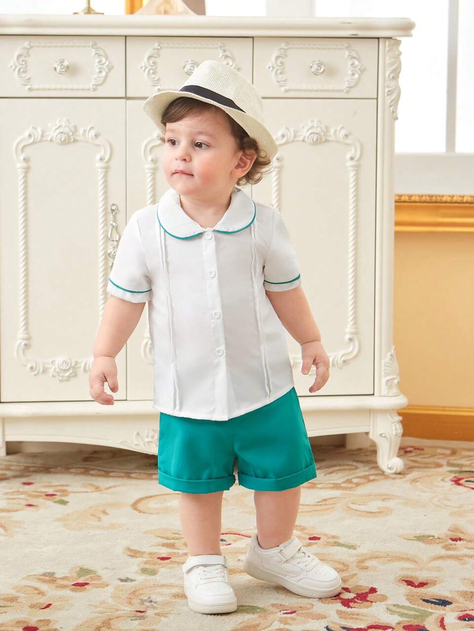 Baby Boy Casual Peter Pan Collar Short Sleeve Shirt And Shorts Set, Perfect For Outdoor Photo Shooting