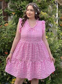 Dreamara 大尺碼女休閒度假風格 V 領無袖格紋 A 字連身裙 - 粉色 - 查看 5