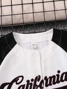 SHEIN Thiếu niên Cô gái Dệt Vá lại In thư Giải trí Áo sơ mi - Đen và trắng - Xem 5