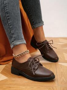 女士春秋季休闲复古系带牛津鞋，舒适圆头平底鞋，乐福鞋