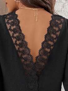 SHEIN Frenchy Valentine's Day Solid Color Texture Lace Patchwork Shirt Summer Black Casual - Black - View 2