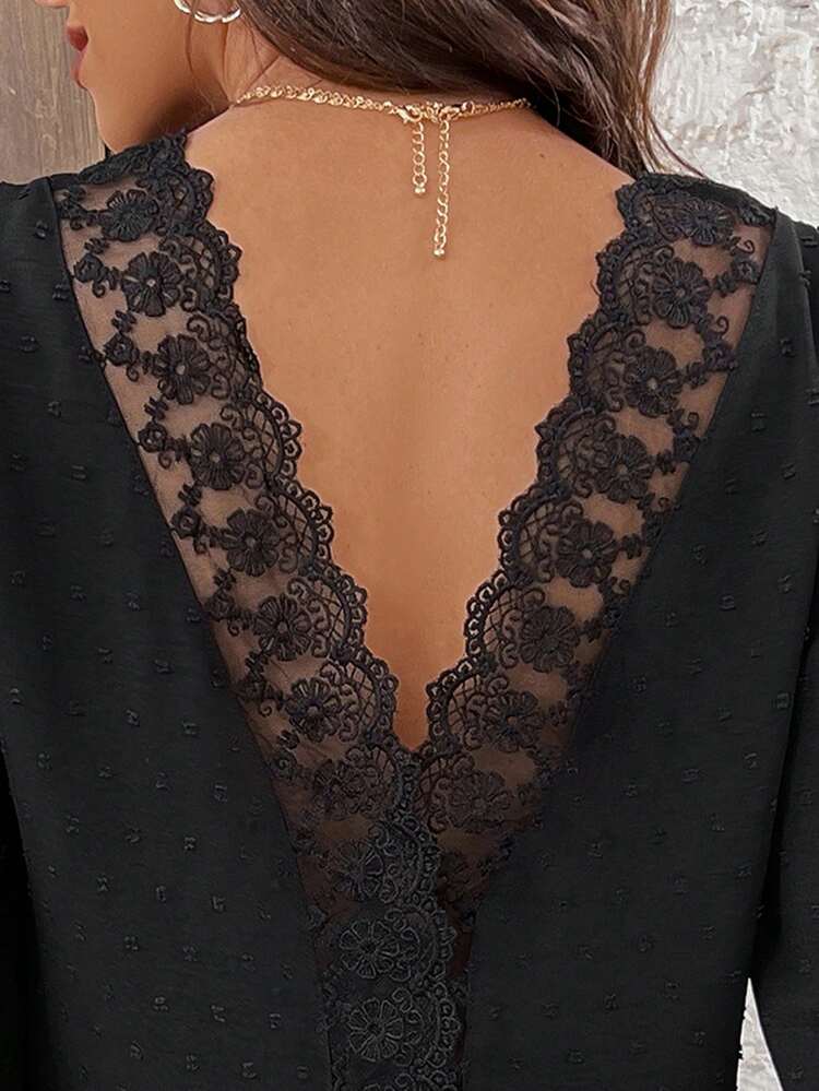 Valentine's Day Solid Color Texture Lace Patchwork Shirt Summer Black Casual