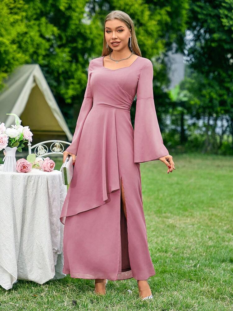 Square Collar Flared Long Sleeve Dress With Ruffle Hem Chiffon Dress