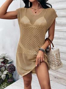 Breezaya Quý cô Màu thuần Rỗng Áo len dệt kim Đầm - màu nâu - Xem 1