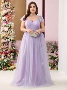 SHEIN Belle Váy dạ hội thanh lịch cổ chữ V sâu, màu tím nhạt, ánh vàng và bạc, nhiều lớp lưới xếp nếp cỡ lớn cho nữ, váy phù dâu, váy cưới, váy tốt nghiệp, váy dạ hội, váy dự tiệc, dự tiệc tối - Màu tím hoa cà - Xem 3