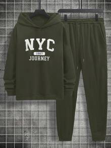 RueChic Nam Lá thư In Áo nỉ có mũ Và Quần thể thao Bộ - xanh quân đội - Xem 4